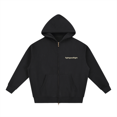 Black hoodie with 'fightgoodfight' text on a white background